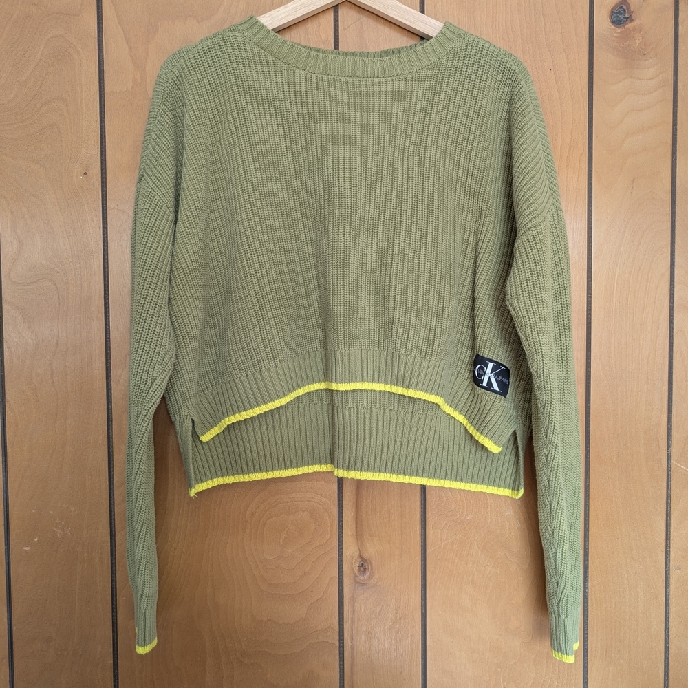 Calvin Klein Jeans Olive Green Cropped Cotton Sweater Relaxed Fit